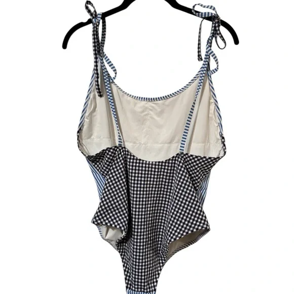 Aerie Navy Blue and White Gingham Striped Seersucker One-Piece Swimsuit Size L - Picture 4 of 15